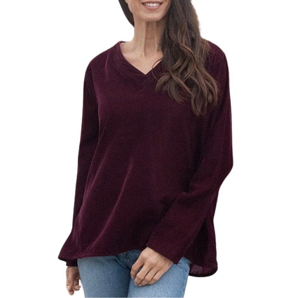 NWT Karyn Seo Della V-Neck Long Sleeve Velvet Box Top in Beet